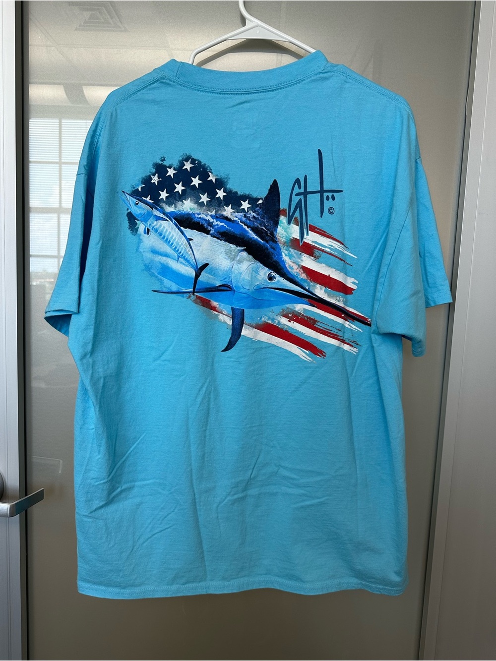 NWOT Guy Harvey Marlin Patriotic Turn Pocket Tee Turquoise size XL